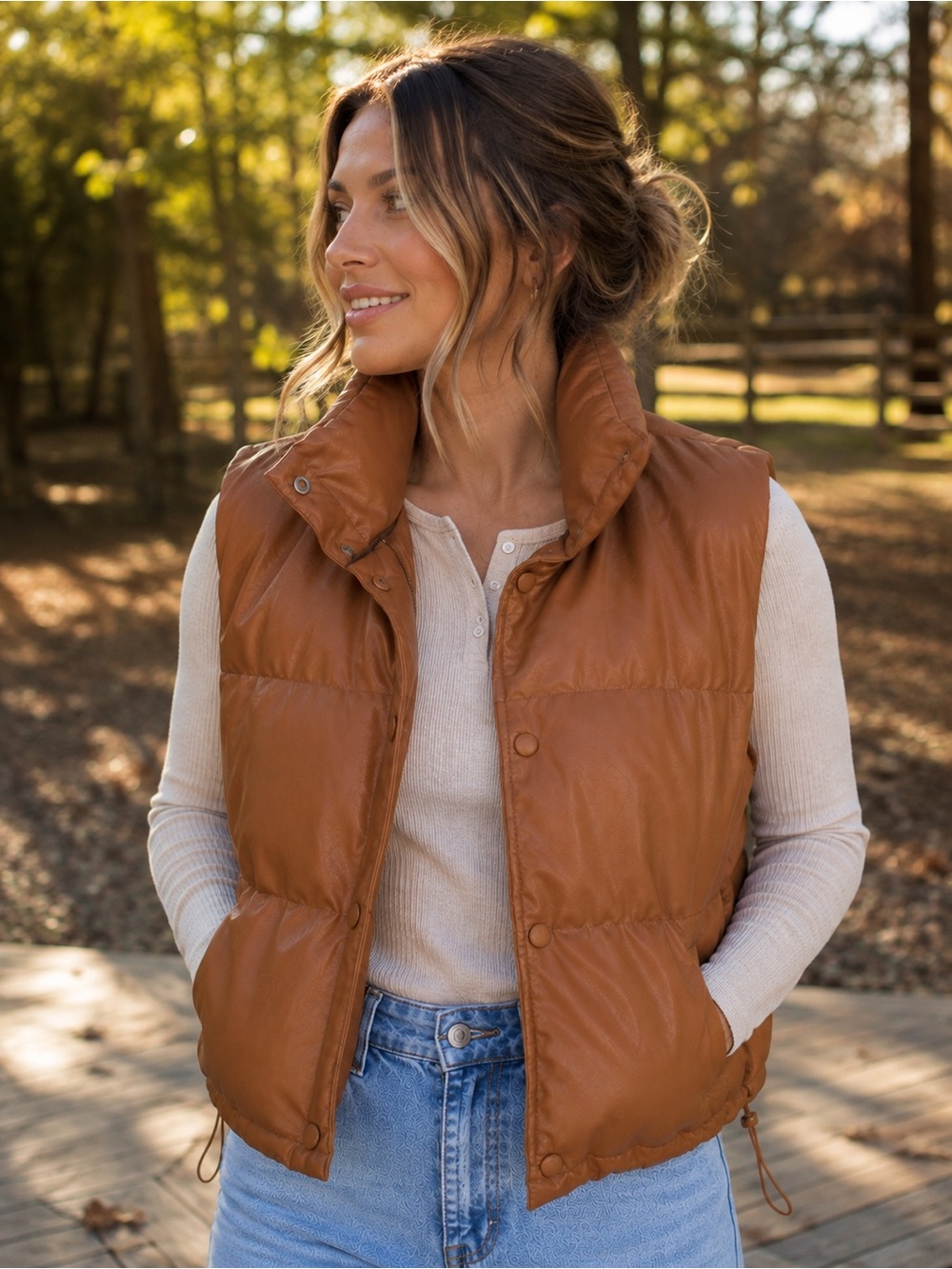 Simply Southern Camel Vegan Leather Puffer Vest Size XL NWT